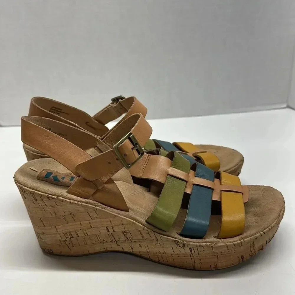 Kork Ease Wedges Sandals High Heel Shoes Wedge Leather MultiColor Strappy Size 8